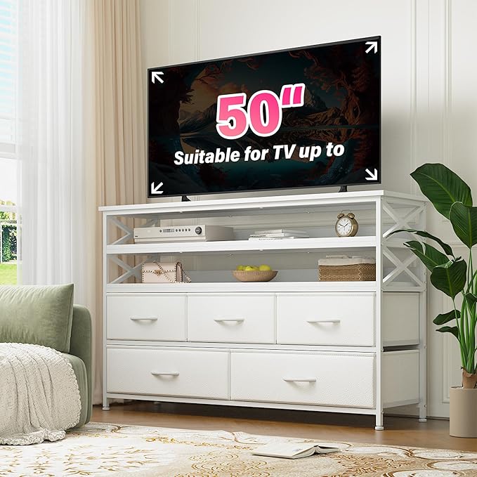 White Dresser TV Stand for 50" TV, Sturdy Dresser for Bedroom with 5 Fabric Drawers and Wood Open Shelves, Chest of Drawers Storage Dressers for Entryway, Closet, 11.8" D x 39.4" W x 38.4" H