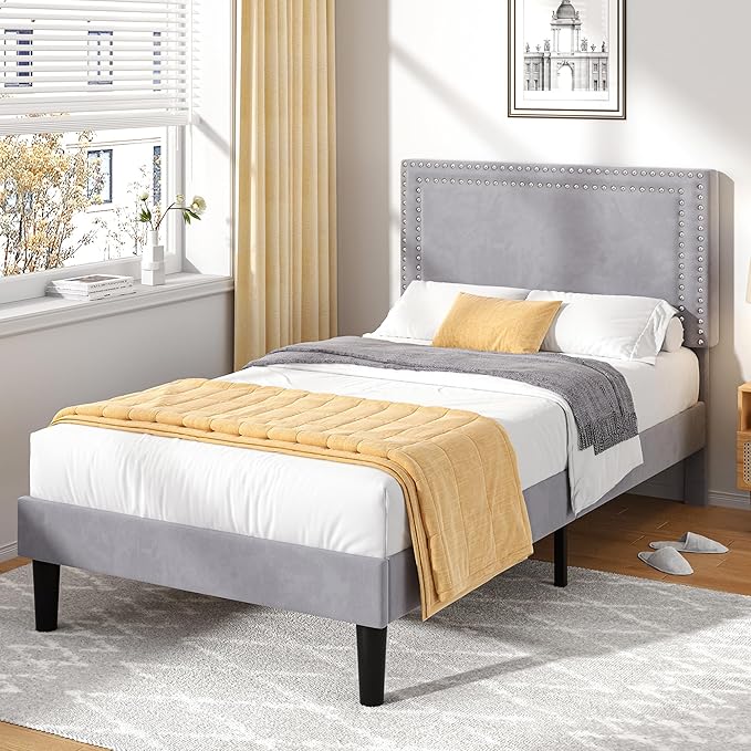 VECELO Twin Size Platform Bed Frame with Adjustable Upholstered Headboard, Strong Wood Slat Support, No Box Spring Needed, Easy Assembly