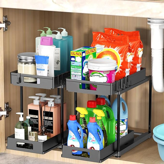 Under Sink Organizers and Storage, 2 Pack Large Capacity Heavy Load Double Pull-out Under Sink Shelves with Sliding Drawer for Kitchen and Bathroom, Black