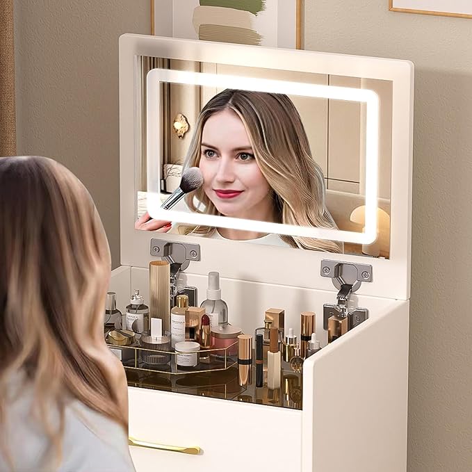 Ball & Cast 3-in-1 Vanity Desk with Flip Mirror & Glass Desktop,3 Dimmable Colors Light Compact Makeup Vanity Table Set w/3 Deep Drawers,Adjustable Brightness Dressing Table for Women Girls Bedroom