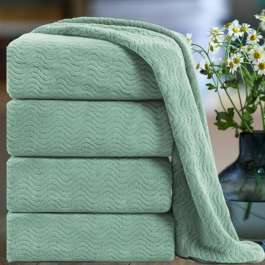 Ultra Soft Bath Towel Set of 4, Green Extra Large Textured Microfiber Luxury Towels 35x70 in, Quick Dry, Highly Absorbent, Fluffy, Oversized, for Bathroom Shower Pool Hotel Beach