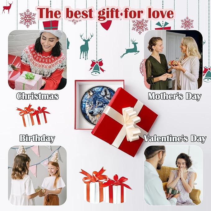 Stained Glass Window Hanging - Funny Wolf Suncatcher Ready to Hang Window Doors Home Decoration and Christmas, Mother's Day Birthday Gifts for Women, Men, and Mom 6.3x6.3 in