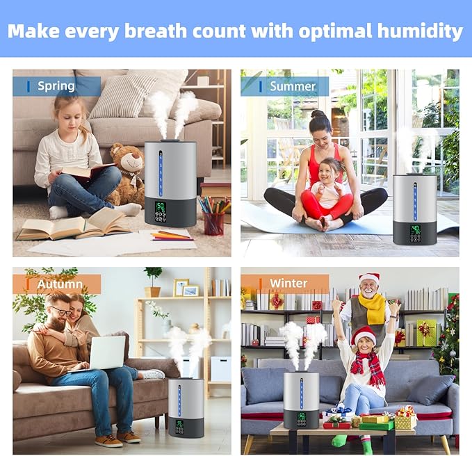 6L Humidifiers for Bedroom Large Room Home, Cool and Warm Humidifiers for Baby and Plants Mist Top Fill Desk Humidifiers Essential Oil Diffuser, Quiet with Adjustable Mist,360°Nozzle-Grey