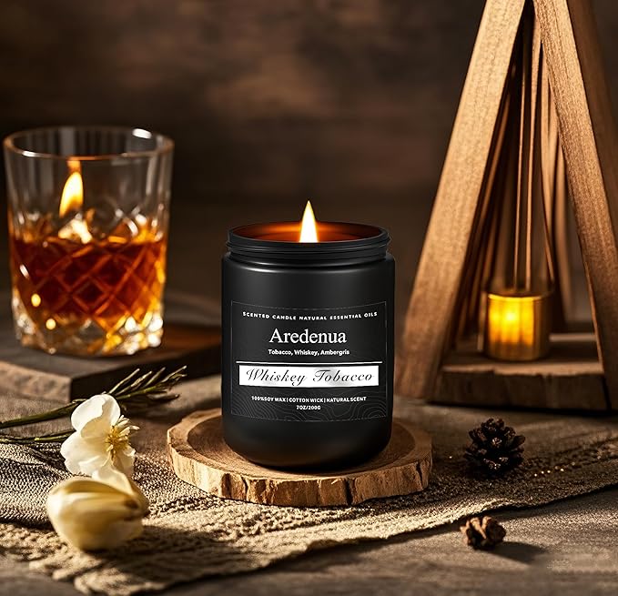 Whiskey Tobacco Candle, Manly Soy Candles for Home Scented, Masculine Scented Candles Aromatherapy Gifts for Men - 7oz Manly Candle, 50 Hours Burn Time, Perfect for Creating Relaxing Atmosphere