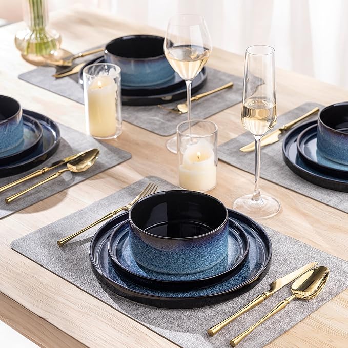 LERATIO Ceramic Dinnerware Sets for 4,Round Reactive Glaze Ceramic Plates and Bowls Set,Highly Chip and Crack Resistant | Dishwasher & Microwave Safe Dishes Set,Service for 4 (12pc)-Blue