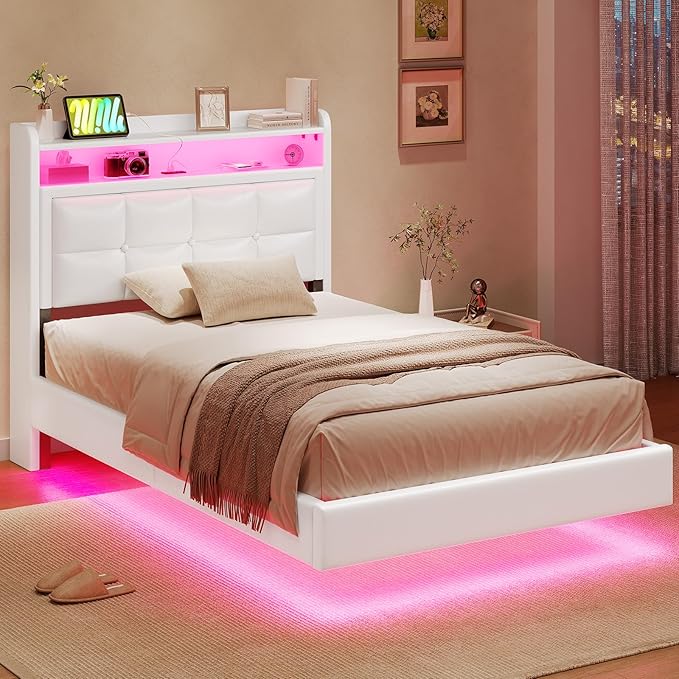 Twin Size Floating Bed Frame with Tufted Storage Headboard, LED Upholstered Platform Bed with 4 Charging Ports, White Pu Leather Floating Bed, Wood Slats, No Box Spring Needed