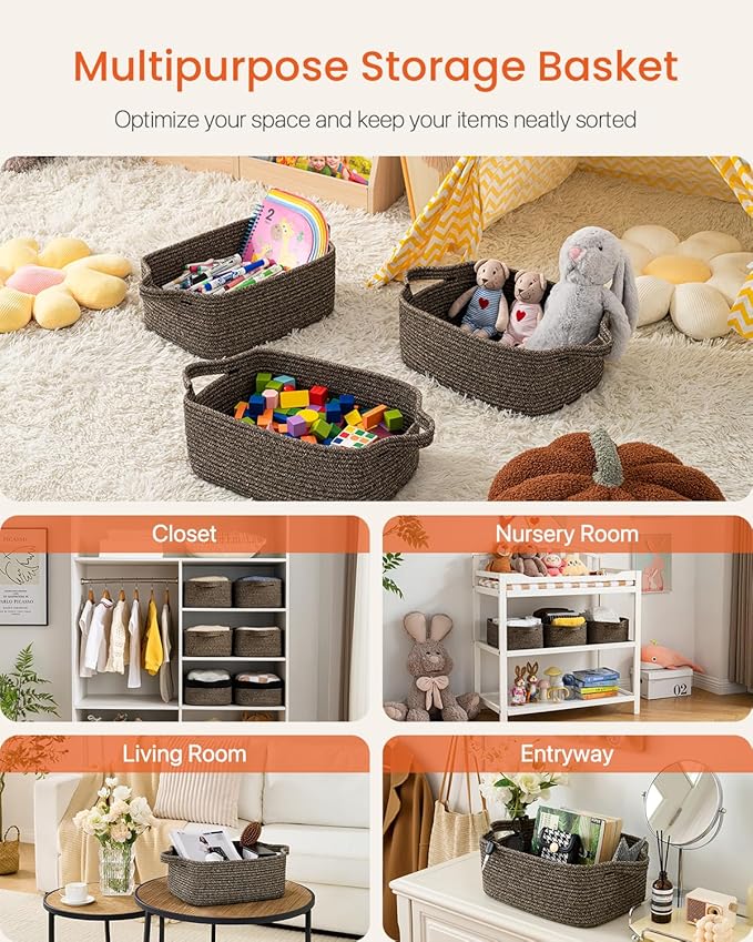KALLAX Small Woven Basket, 14 x 10 x 5.6 Inches, Small Storage Baskets for Organizing, Gift Baskets Empty, Cute Rope Shelf Closet Storage Bins for Shelves, Dog Toy Basket, Black & Brown Mixed