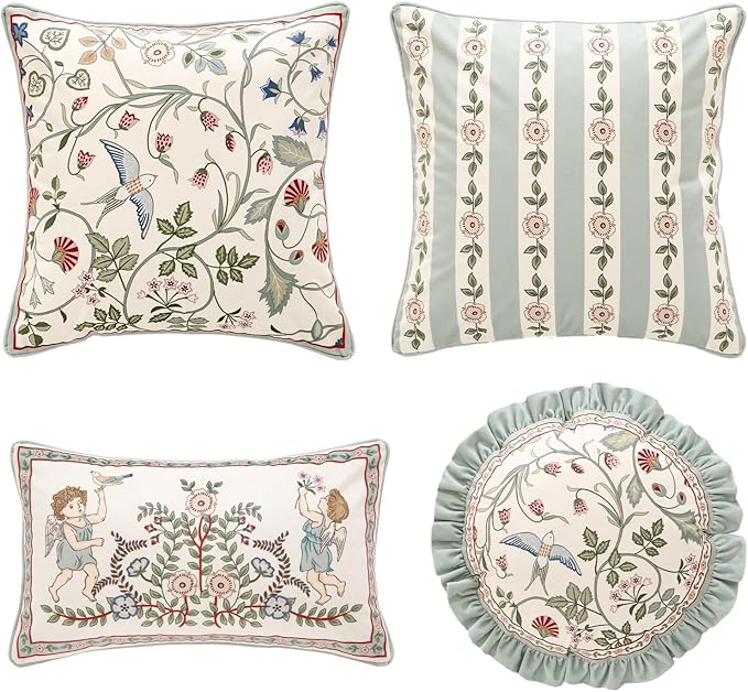 Throw Pillow Covers Pack of 4,Green Cozy Velvet Farmhouse with Birds and Floral Pattern Pillowcases,Decoration Square Round Lumbar Pillows Cushion Covers for Couch Sofa Bed Car Chair