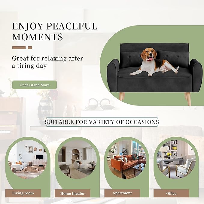 Vongrasig 47" Small Modern Loveseat Sofa, Mid Century Linen Fabric 2-Seat Sofa Couch Tufted Love Seat with Back Cushions and Tapered Legs for Living Room, Bedroom and Small Space (Black)