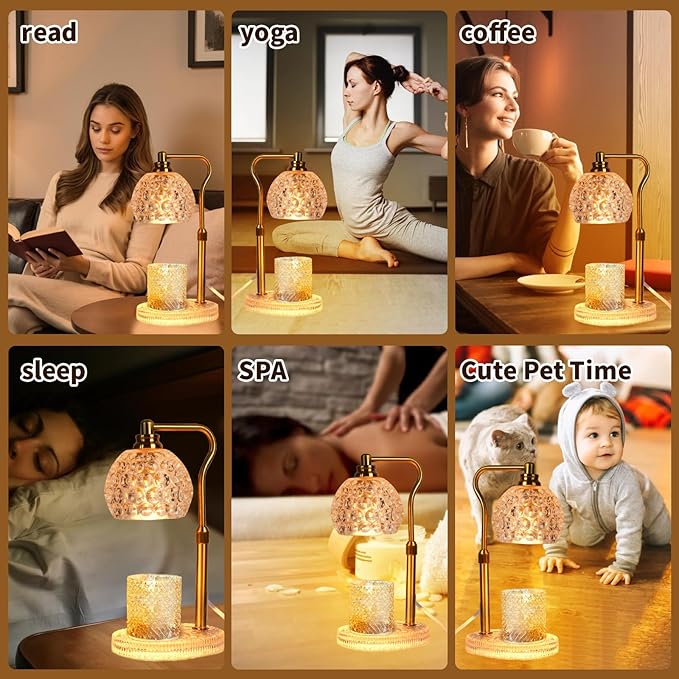Candle Warmer Lamp with Timer: Adjustable Height and 4 Dimmer, Crystal Glass Base, Heater Wax Warmer for Jar Scented, Home Décor and Housewarming & Birthday Gift for Mom Woman, 2 Bulbs (White Round)
