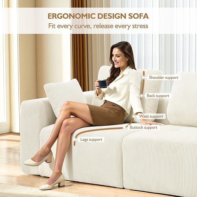 80.4" Modular Sectional Sofa Loveseat Couch for Living Room, Comfy Cloud Sofa Modern 2-Seat Sofa, Corduroy Upholstered Boneless Couch with Deep Seat, 4 Pillows, Beige