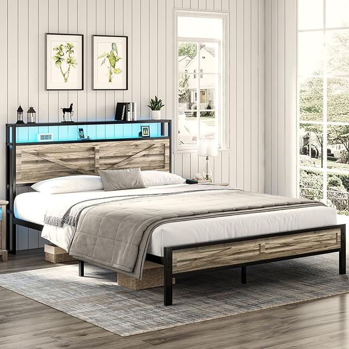 Queen Bed Frame with Headboard, Queen Bed Frames with Outlets and LED Lights, Rustic Bed Frame with Storage Headboard, Farmhouse Barn Door Design, Noise Free, No Box Spring Needed, Wash Grey
