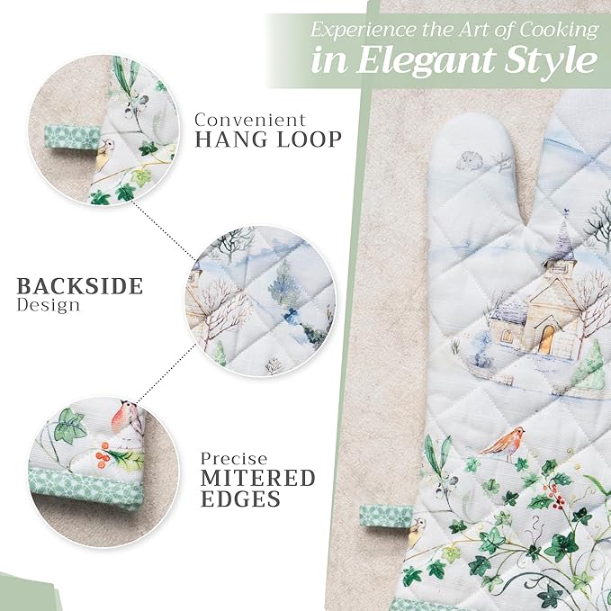 Maison d' Hermine Oven Gloves 100% Cotton Oven Mitt 7" x 13" with Loop Heat Resistant BBQ Cooking Gloves for Thanksgiving Christmas Decorations Baking Handling Hot Pans (Pack of 1, Snowy World)