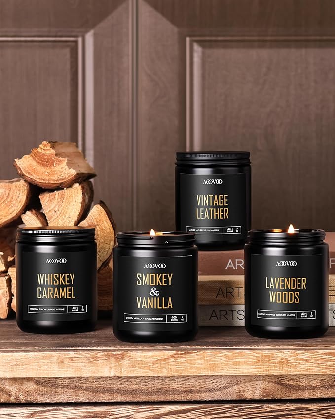 AOOVOO Scented Candles for Men - 4 Pack Candles for Home Scented, 28oz Soy Wax, 200 Hour Burn Time, Men Candle Set, Leather/Smoke & Vanilla/Whiskey Caramel/Lavender Candle Set
