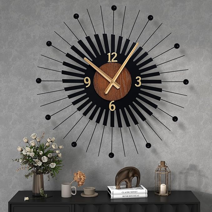 22 Inch Modern Sunburst Wall Clock Battery Operated, Black Metal Radiating Design with Walnut Wood Center, Silent Quartz Movement, Gold Hands – Decorative Clocks for Living Room, Office, Bedroom