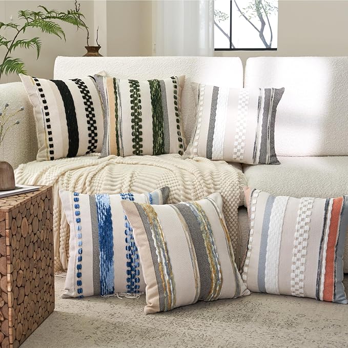 Aeckself Boho Throw Pillow Covers 18x18 Inch Set of 2, Farmhouse Decorative Striped Square Pillow Covers Chenille Tufted Pillow Cases Accent Neutral Pillowcase for Living Room Couch Bed, Orange Blue