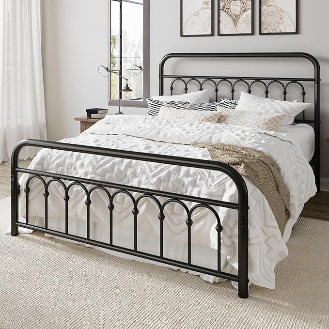 Allewie 14 Inches Full Size Metal Platform Bed Frame with Victorian Style Curved Iron-Art Headboard/Footboard, Metal Slats Support, Easy Assembly, Under Bed Storage, No Box Spring Required, Black