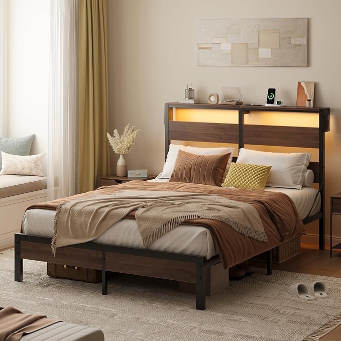 Bestier Queen Bed Frame with Storage Headboard and Charging Station, Walnut Platform Bed Frame with LED Light, Non-Slip Metal Bed Frame, Noise-Free, Easy Assembly,Walnut