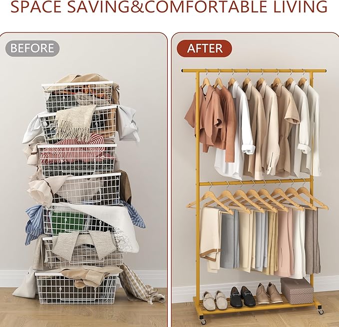 Sywhitta Double Rod Clothing Garment Rack, Rolling Coat Hanger with Bottom Mesh, Clothing Rack for Hanging Clothes, Coats, Skirts, Sweaters, Gold