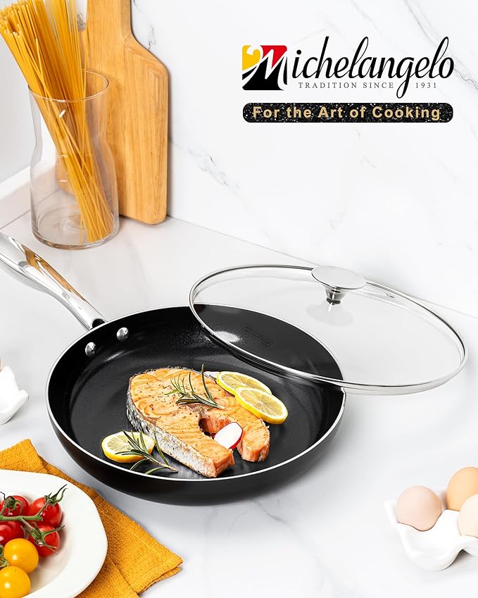 MICHELANGELO Small Frying Pan - 8 Inch Frying Pan Nonstick with Lid, Non-Toxic Ceramic Pans with Stainless Steel Handle, Nonstick Skillet, Black