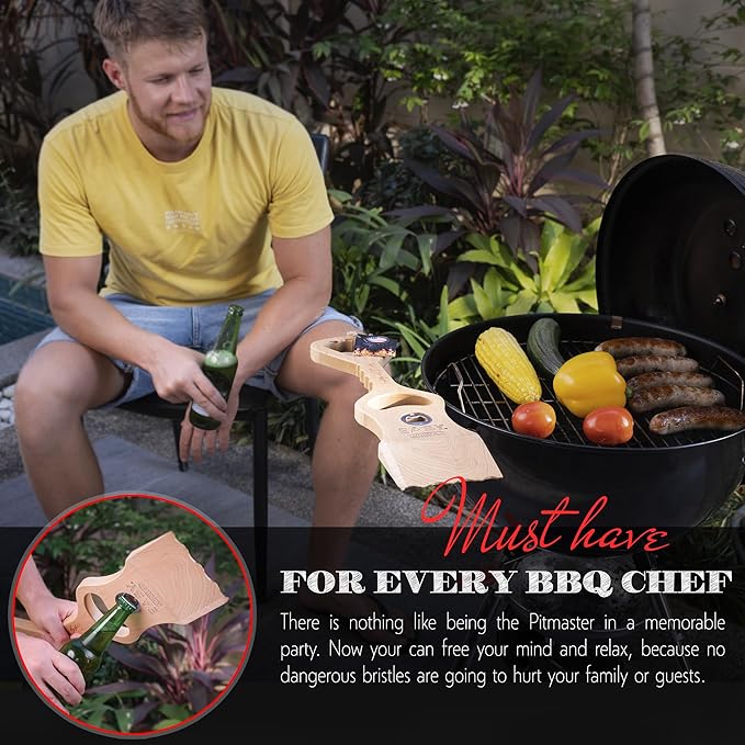 Wood Grill Scraper - Wooden Alternative for A BBQ Grill Brush, Made from Natural Pine Hardwood - Uses The New EasyShape Technology for Safe Cleaning & Bristle Free Barbecue