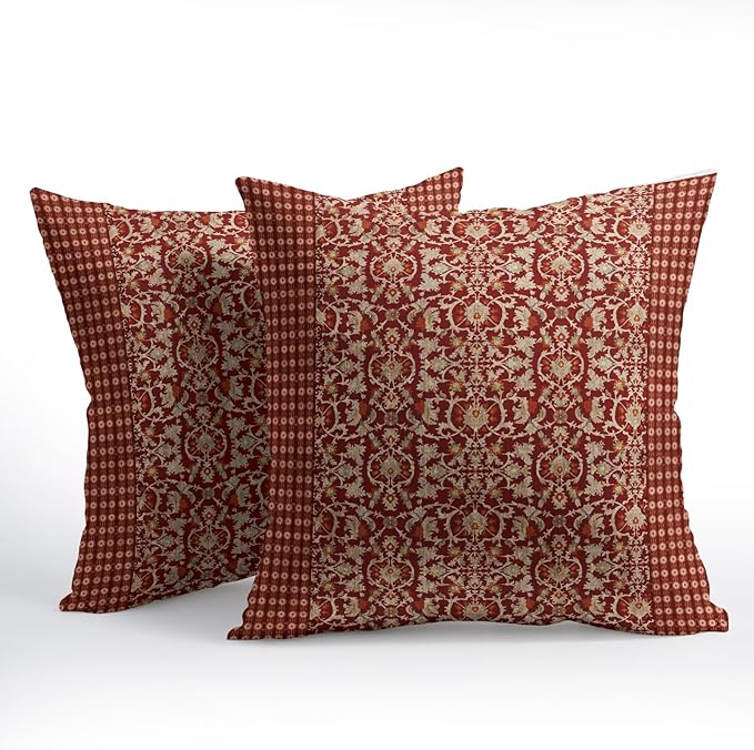 Kawani Red Antique Pillow Covers 20x20 Inch Vintage Floral Block Print Decorative Throw Pillows Set of 2 Retro Turkish Pillowcases for Couch Indoor Outdoor Home Decor