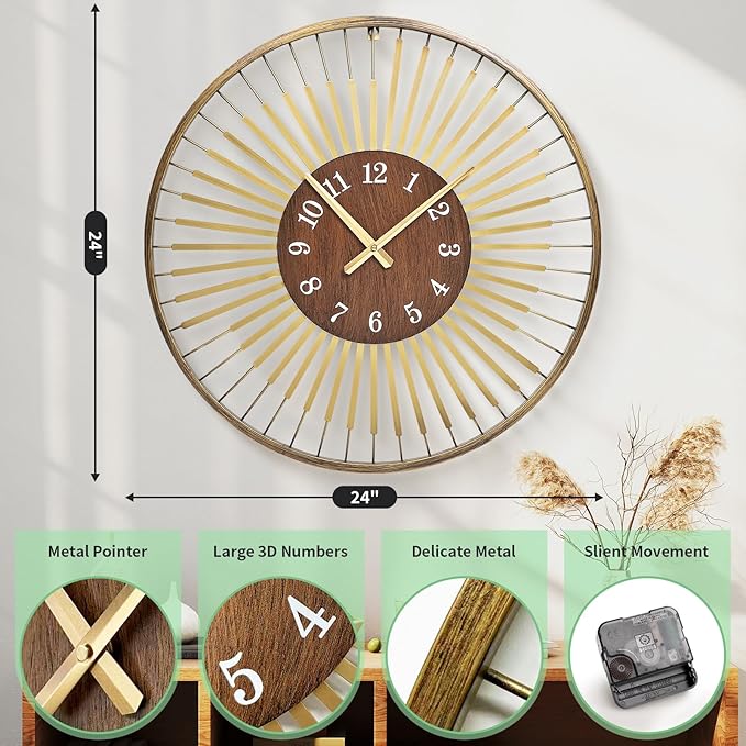 24 Inch Mid-Century Modern Wall Clock, Round Frame Metal Design with Walnut Wood Center, Silent Quartz Movement, Gold-Tone Accents – Decorative Wall Clock for Living Room, Bedroom, and Office