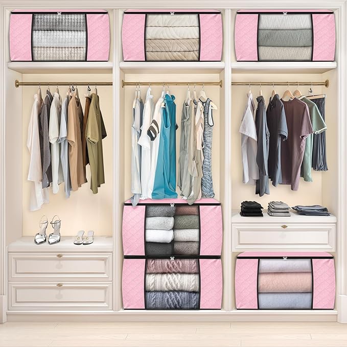 Fab totes 6 Pack Clothes Storage, Foldable Thick Fabric Blanket Storage Bags, Containers for Organizing Bedroom, Closet, Clothing, Comforter,Organization with Handle,Pink