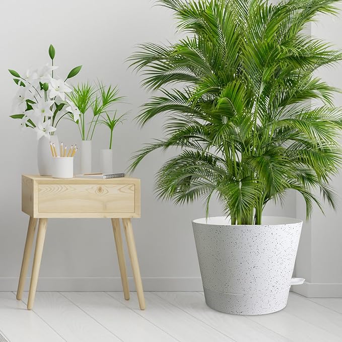 12 inch Large Self Watering Pots, Plant Pots with Mesh Drainage Holes for Indoor Outdoor Plants, Plastic Planters with Deep Reservoir for Garden House Flower Plants, Speckled White