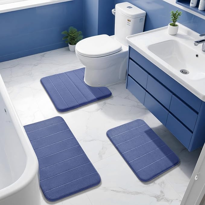 Yimobra Memory Foam Bath Mat, Super Soft Absorbent Bathroom Rug Non Slip 24x17 Inch, Quick Dry, Machine Washable Floor Carpet for Tub Shower, Home Decor Accessories, Navy Blue