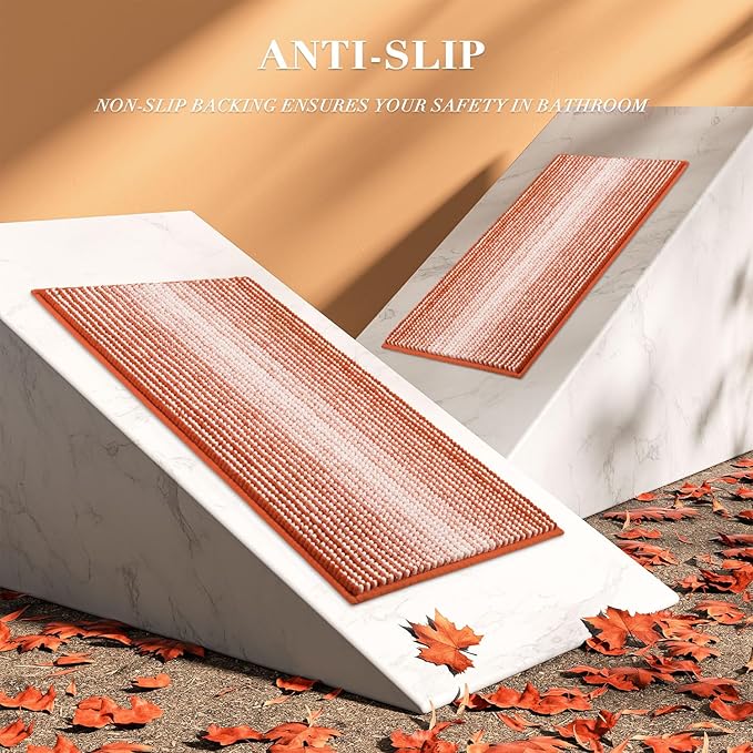 Bathroom Rugs and Mats Sets, 2 Piece Thick Absorbent Chenille Bath Mat Rug Set Non Slip, Soft Shaggy Bath Room Floor Mats for Bathroom, Machine Washable (Sunset Orange, 20" x 47" Plus 16" x 24")