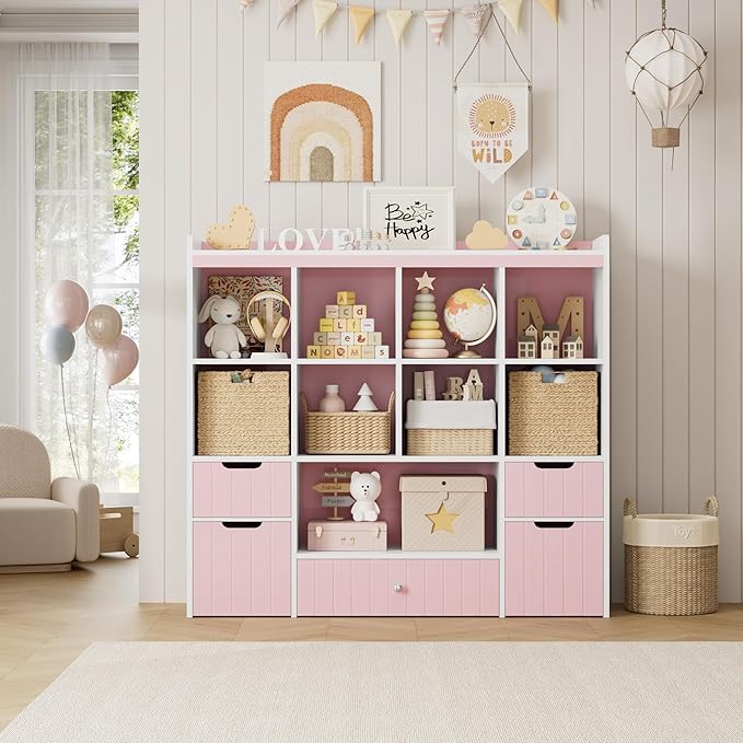 HORSTORS 48" W Kids Toy Storage Organizer, Large Toy Storage Chest with Removable Bins, 46" H Kids Bookshelf and Bookcase with Drawers for Boys and Girls, Modern Toy Box for Playroom, Classroom, Pink