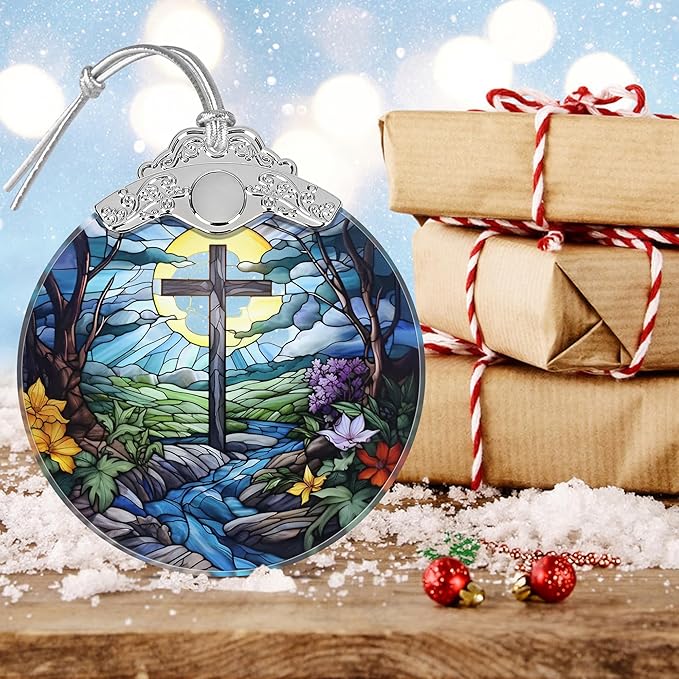 Religious Christmas Ornament, Stained Glass Christian Ornament, Christmas Tree Ornaments, Christmas Decoration, Holiday Ornament, Cross Home Decor, Gift Exchange, Gift Idea - Cross and River