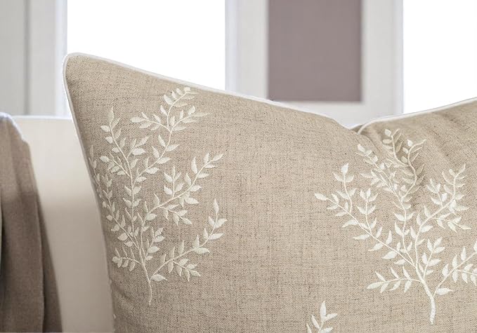 VAGMINE Embroidered Leaves Throw Pillow Cover - 18x18 Inches Square - 100% Linen Natural Decorative Cushion Cover - Artistic Floral Embroidery - Cozy Farmhouse & Boho Accent for Sofa, Couch, Bedroom