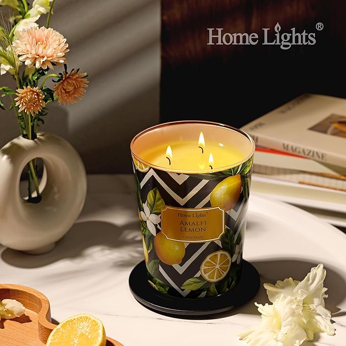 HomeLights Large jar Candle | 3-Wick Long-Lasting Scented Candles, 34oz Natural Soy Wax Candle for Home Scented, Eclectic Mixed Styles Gifts for Women & Men, Amalfi Lemon