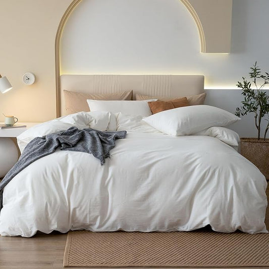 JIYUAN 100% Washed Cotton Duvet Cover Set 3 Pieces Oversized Queen, 1 Duvet Cover 98x98 Inches(Comforter Not Included) and 2 Pillowcases,Linen Feel Bedding Set Comfy and Breathable,Off White