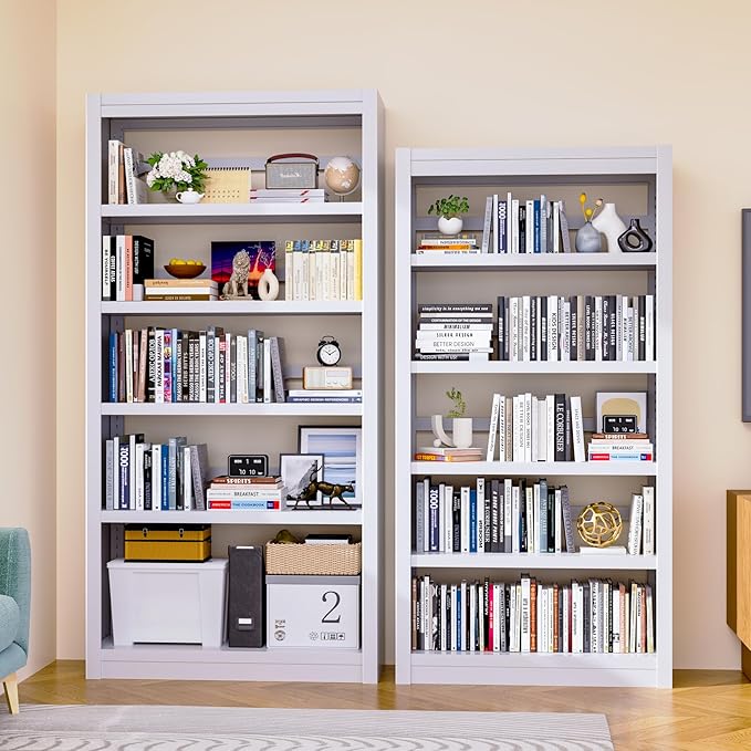 Bookshelf,6-Tier Adjustable Steel Book Shelf,61" H Heavy Duty Metal Bookcase for Home/Office/Garage,White Shelf (White, 61" Tall)