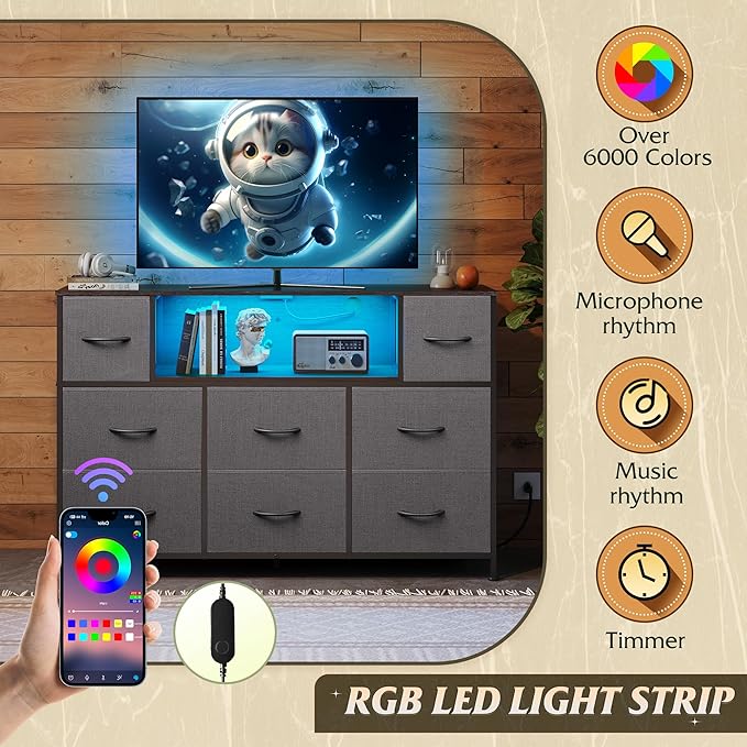 WLIVE Grey TV Stand for 45, 50, 55 inch TV, Entertainment Center with LED Lights & Charging Station, TV Media Console Table with 8 Fabric Drawers and Open Storage Shelves for Living Room, Hallway