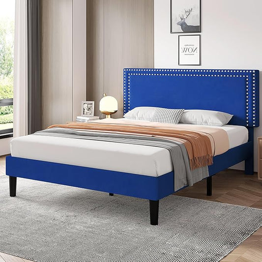 VECELO Bed Frame Full Size with Adjustable Upholstered Headboard, Wooden Slats Platform, Noise-Free Design, Easy Assembly