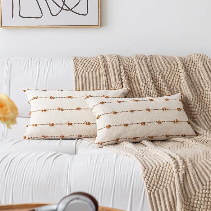 Boho Throw Pillow Covers 12x20 Set of 2 Modern Farmhouse Decorative Cushion Case Tufted Square Pillows Cover Neutral Pillow Cases Accent Pillowcase for Sofa,Couch,Bed,Beige and Brown