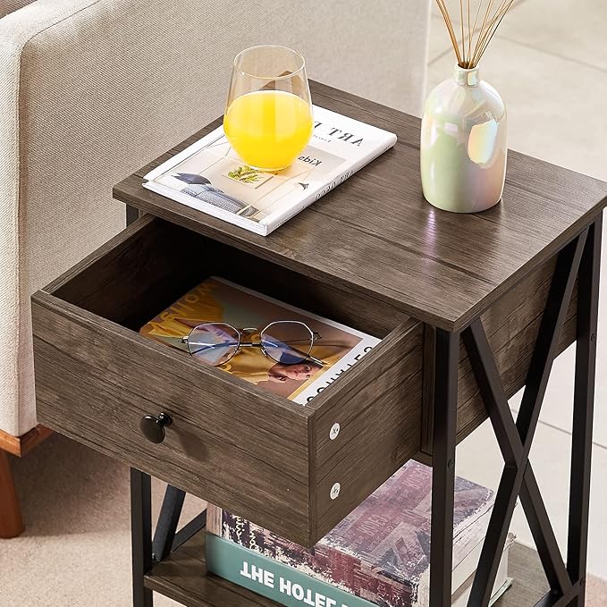 VECELO Nightstand,Modern Bedside End Table, Night Stand with Drawer and Storage Shelf for Living Room Bedroom, Industrial Metal Frame