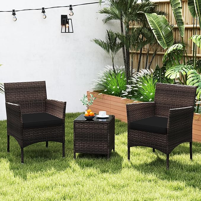 Tangkula 3 Pieces Patio Rattan Furniture Set, Outdoor Conversation Set with PE Wicker Armchairs, Tempered Glass Top Coffee Table, Soft Removable Cushions, for Porch Garden Yard Balcony (Black)