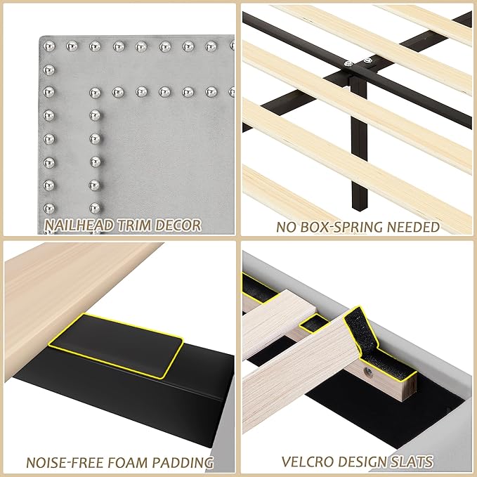 VECELO Twin Size Platform Bed Frame with Adjustable Upholstered Headboard, Strong Wood Slat Support, No Box Spring Needed, Easy Assembly