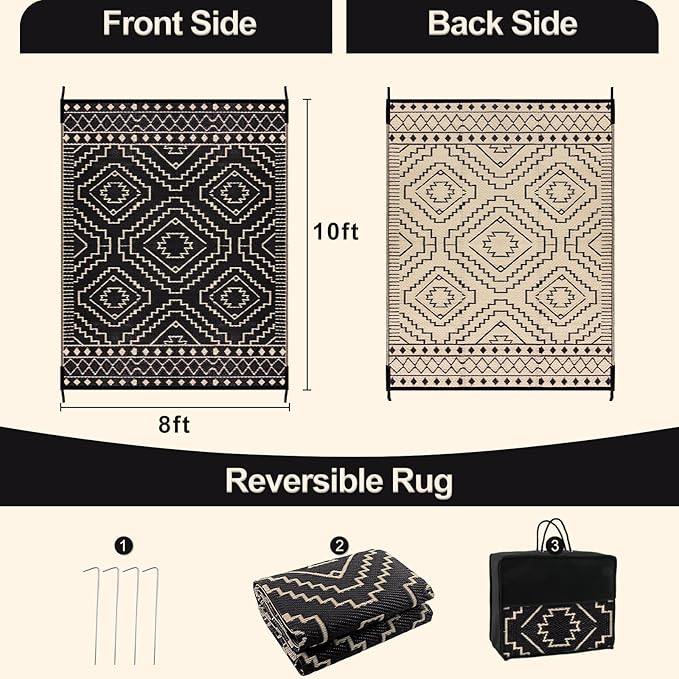 Wonnitar 8x10 Outdoor Rug, Large Waterproof Reversible Plastic Straw Rug for Patios, Indoor/Outdoor Area Rug Lightweight Camping Rug for Outside RV Balcony Garden Deck (Black & Beige,8'x10')