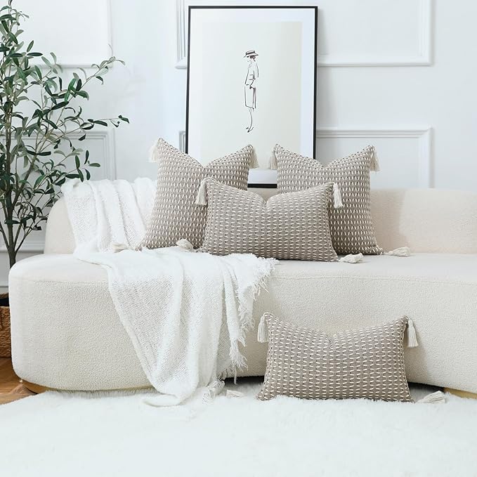 sykting Boho Outdoor Pillow Covers 18x18 Set of 2 Thick Woven Neutral Brown Throw Pillow Covers with Tassels for Couch Sofa Living Room