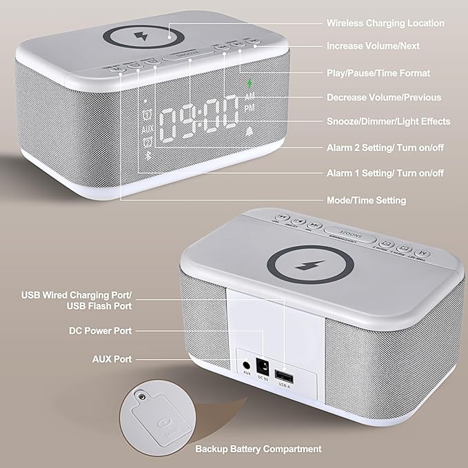 Alarm Clock Speaker Wireless Charger, Digital Alarm Clocks Bedrooms Bluetooth, Alarm Clock Dimmable Light Bedrooms Dual Alarm Snooze Dimmer 12 24H RGB Night Light Bluetooth USB AUX, Gray