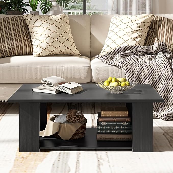 Tangkula 2-Tier Coffee Table, Modern Rectangular Center Cocktail Table with 5 Support Legs, Wooden Accent Living Room Furniture, Small Coffee Table for Small Spaces, Easy Assembly (Black)