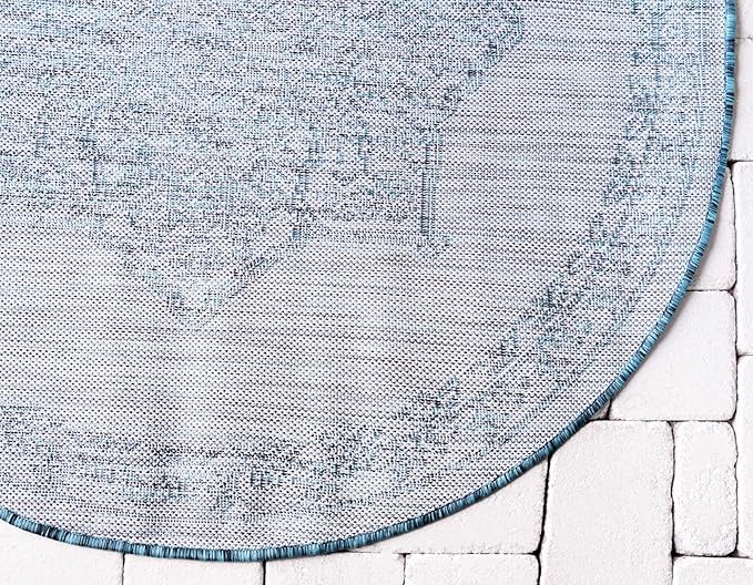 Unique Loom Outdoor Traditional Collection Area Rug - Antique (4' 1" Round, Teal/ Gray)