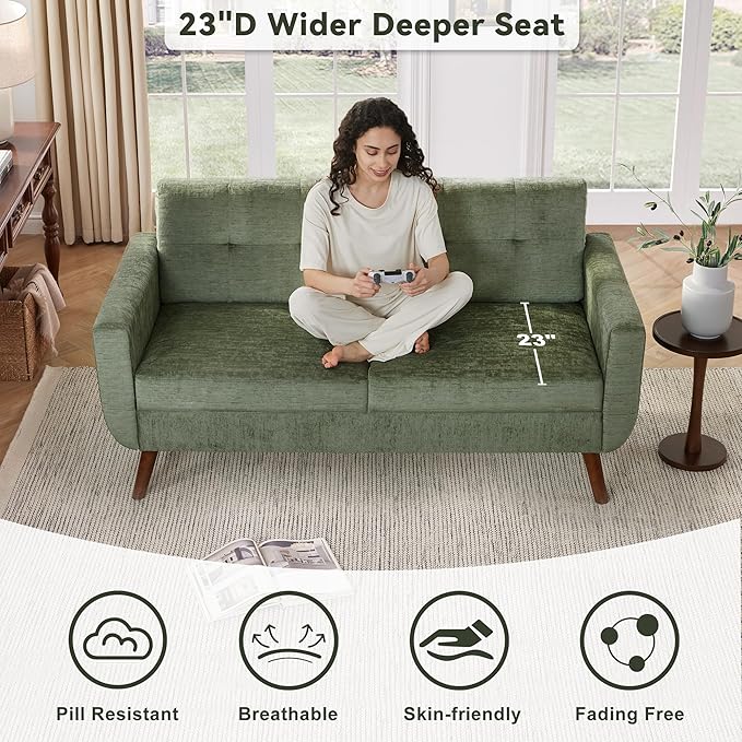 Tbfit 65" W Loveseat Sofa, Mid Century Modern Couches Love Seats for Living Room, Button Tufted Upholstered Small Couch for Bedroom, Solid and Easy to Install Love Seats Furniture, Green