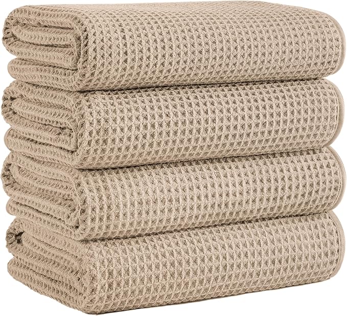 Microfiber Waffle Bath Towels, 4 Pieces, Soft, Absorbent, Fast Drying, Lint Free (Beige)